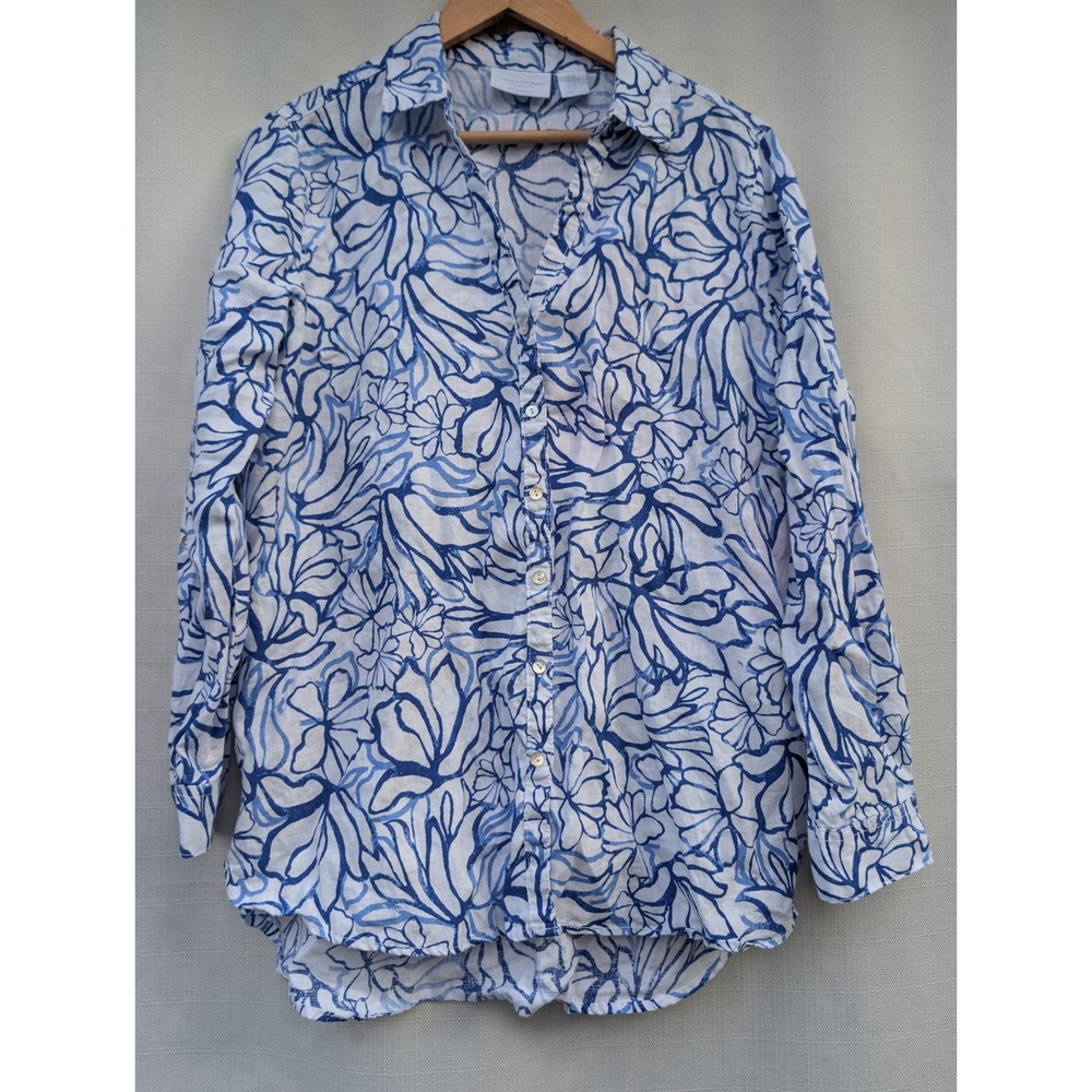 MARTHA STEWART Floral Tunic Shirt Womens M Blue White Pure Linen Coastal Resort